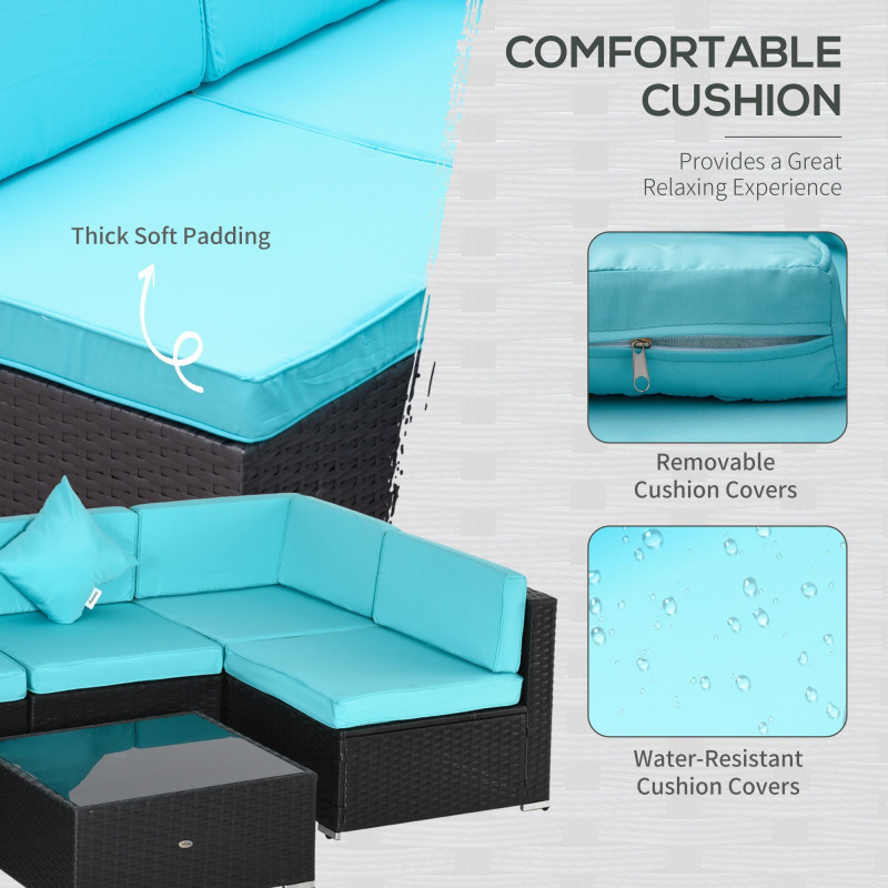 7 Pieces Patio Sofa Outdoor Wicker Sectional Patio Furniture, Deep Coffee & Light Blue