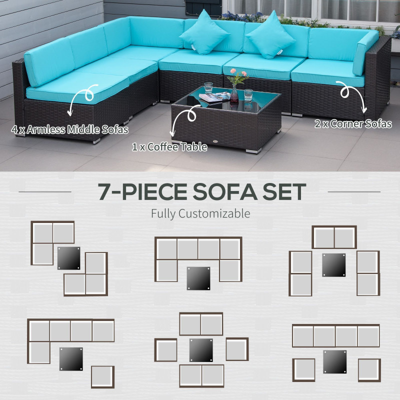 7 Pieces Patio Sofa Outdoor Wicker Sectional Patio Furniture, Deep Coffee & Light Blue
