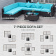 7 Pieces Patio Sofa Outdoor Wicker Sectional Patio Furniture, Deep Coffee & Light Blue