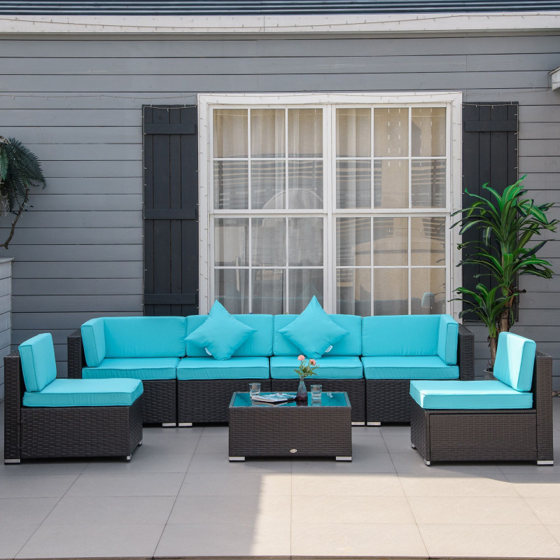 7 Pieces Patio Sofa Outdoor Wicker Sectional Patio Furniture, Deep Coffee & Light Blue