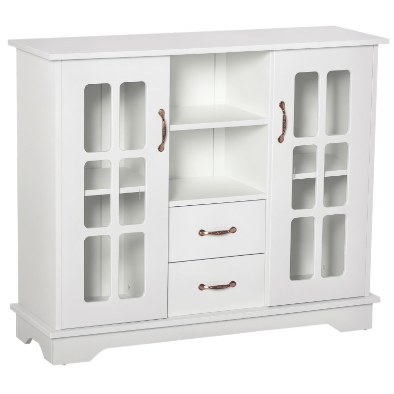 Modern Kitchen Sideboard with 2 Drawers, Coffee Bar Cabinet with Glass Doors Storage Cupboard and Open Shelf, White