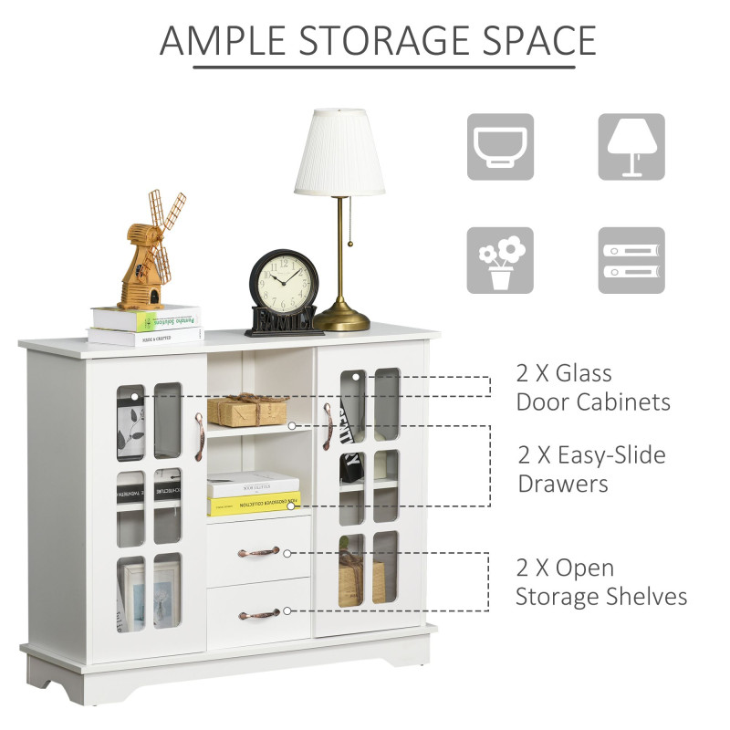 Modern Kitchen Sideboard with 2 Drawers, Coffee Bar Cabinet with Glass Doors Storage Cupboard and Open Shelf, White