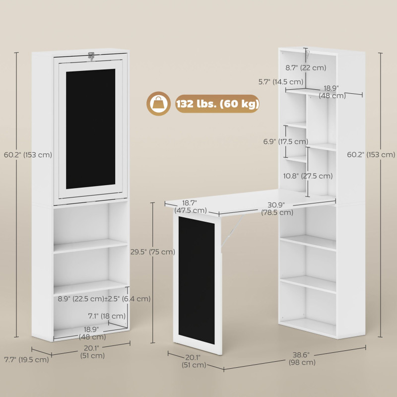 Fold-out Convertible Office Desk, Wall Mount Computer Desk with Blackboard and Side Shelf, White