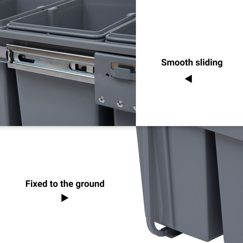 Pull Out Trash Can Under Cabinet, 10.6 Gallon (40L) Slide Out Garbage Can with 3 Removable Compartments, Grey