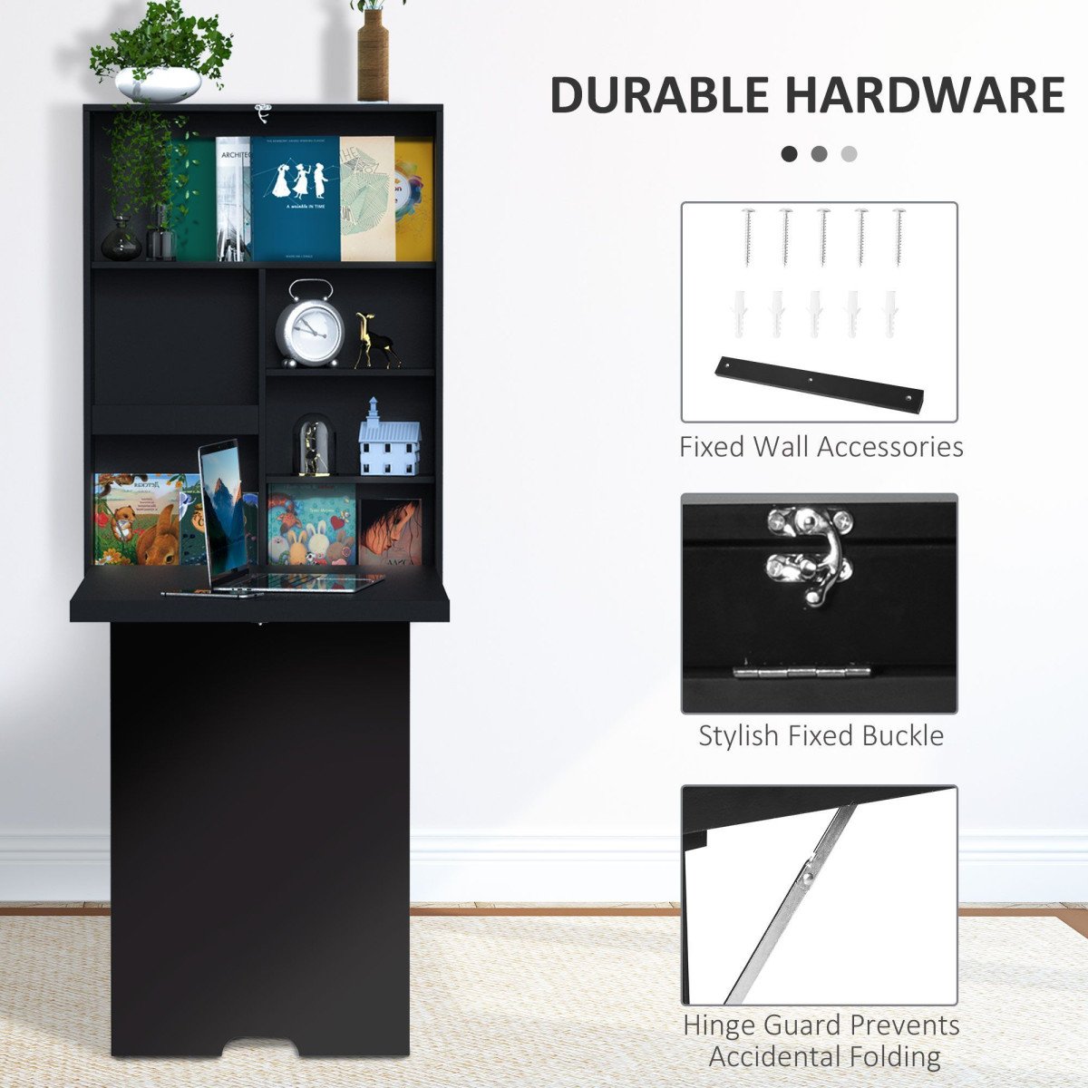Wall Mounted Table Fold Out Convertible Desk, Multi-Functional Space Saving Computer Desk with Writing Floating Board for Students, Black