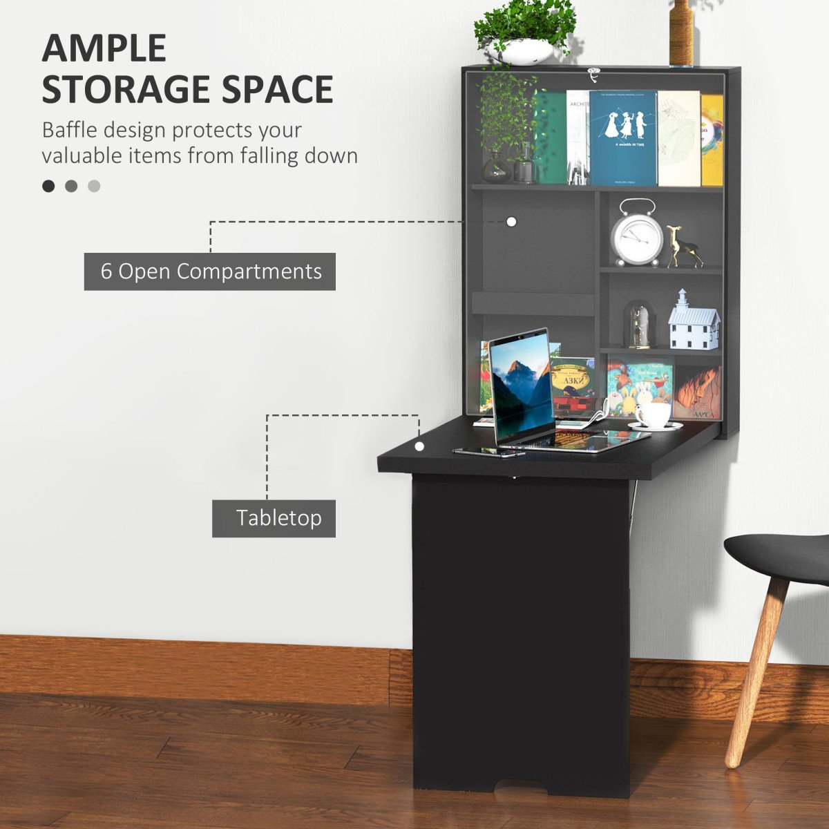 Wall Mounted Table Fold Out Convertible Desk, Multi-Functional Space Saving Computer Desk with Writing Floating Board for Students, Black