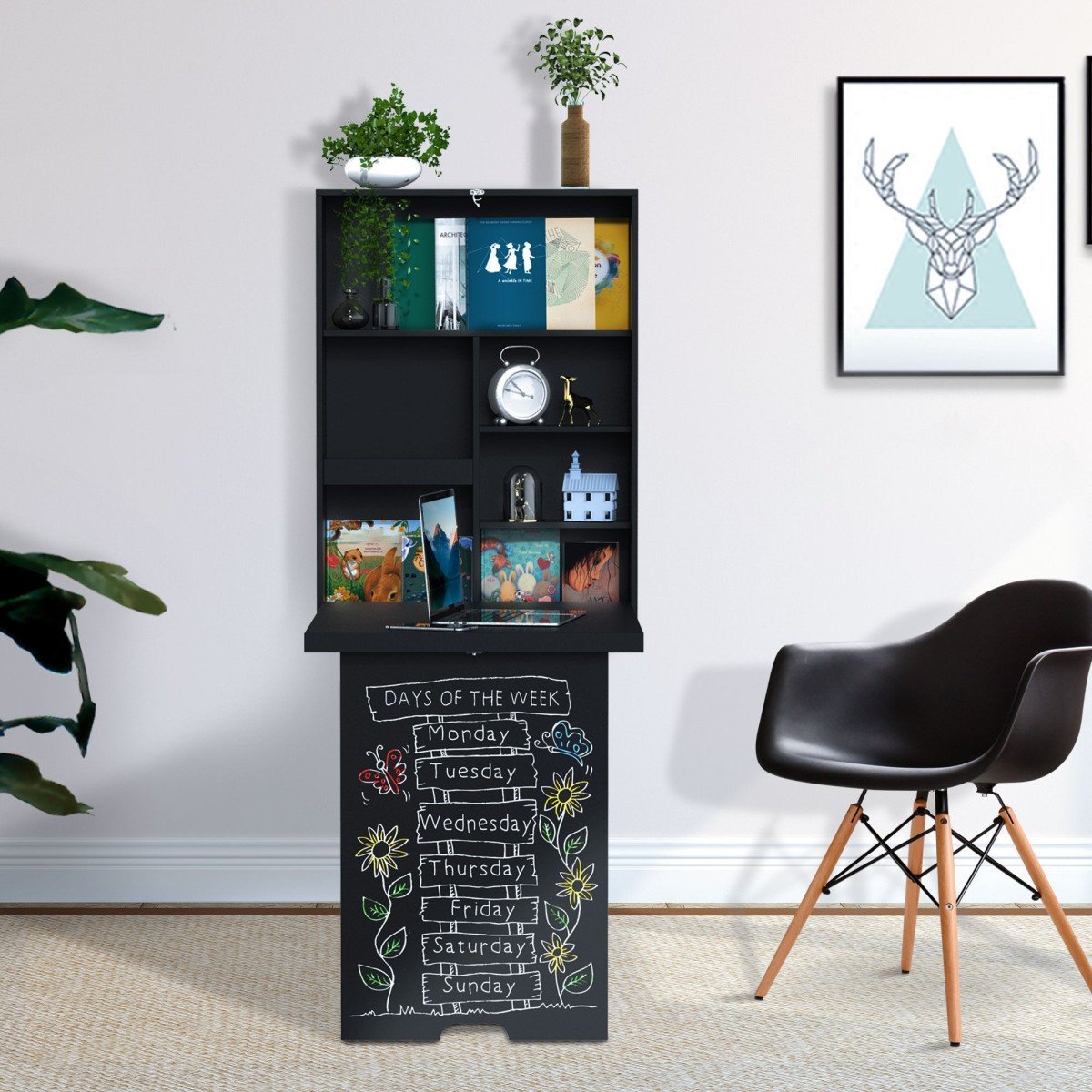 Wall Mounted Table Fold Out Convertible Desk, Multi-Functional Space Saving Computer Desk with Writing Floating Board for Students, Black