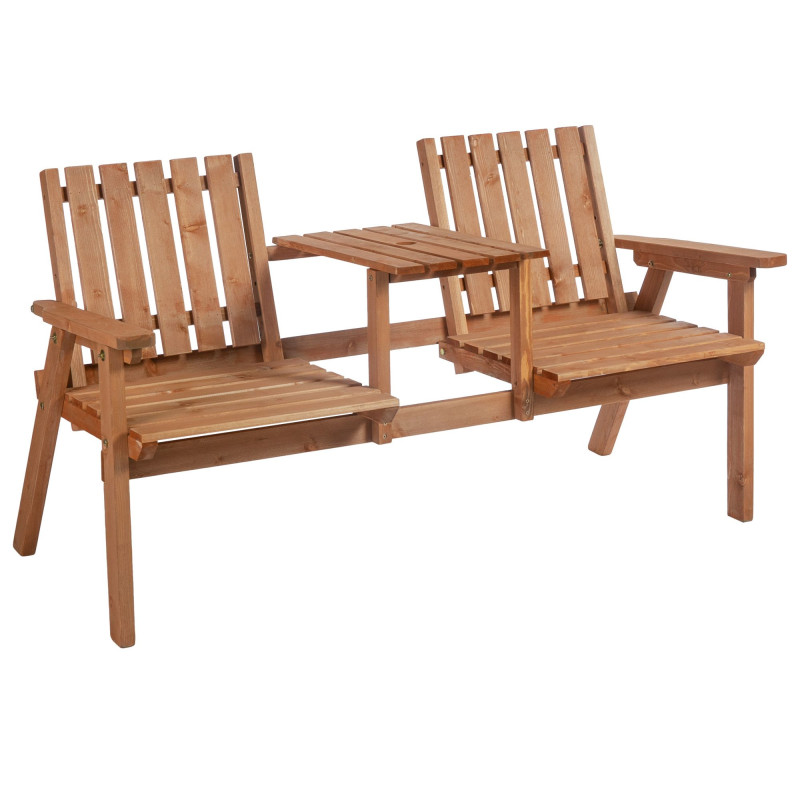 Garden Bench for 2 Persons with Middle Table and Umbrella Hole, 2-Seater Outdoor Wooden Bench with Slat Design, Orange