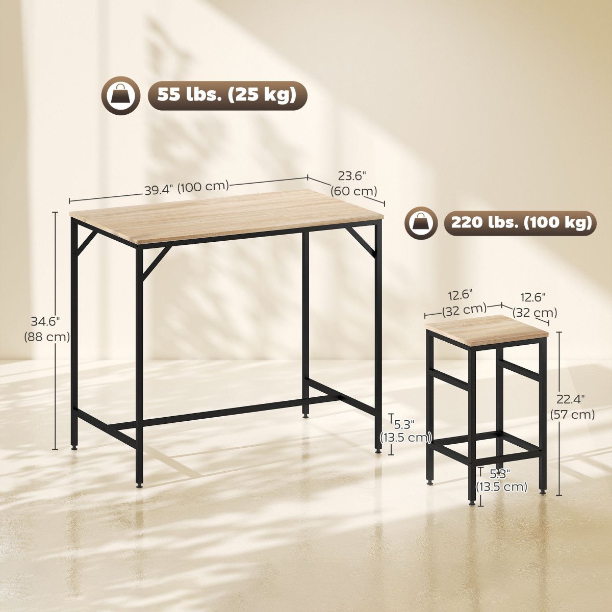 5 Pieces Industrial Rectangular Bar Table Set, Dining Table Set Breakfast Table with 4 Stools for Dining Room, Kitchen, Dinette, Oak