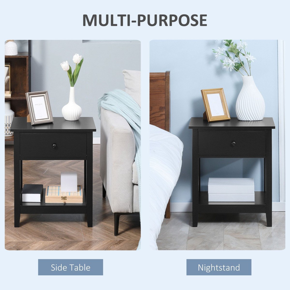 Modern Style Nightstand, Small End Table with Drawer and Storage Shelf for Bedroom, Living Room, Black
