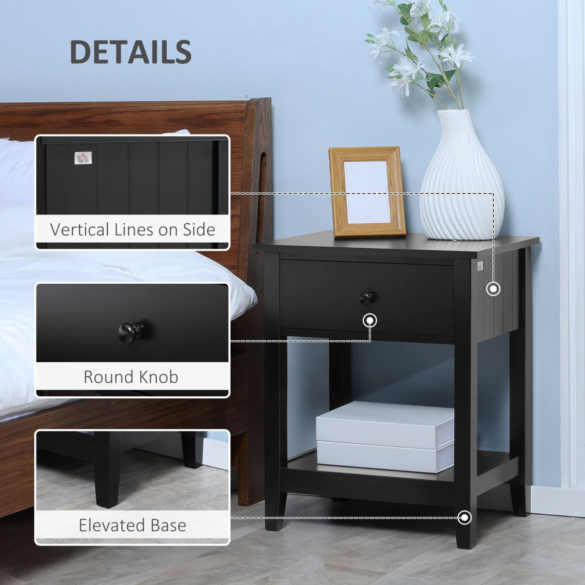 Modern Style Nightstand, Small End Table with Drawer and Storage Shelf for Bedroom, Living Room, Black