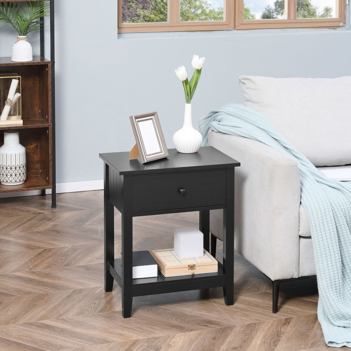 Modern Style Nightstand, Small End Table with Drawer and Storage Shelf for Bedroom, Living Room, Black