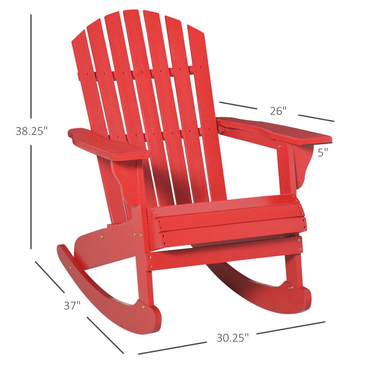 Wooden Adirondack Rocking Muskoka Chair with Slatted Wooden Design, Fanned Back and Classic Rustic Style, Red