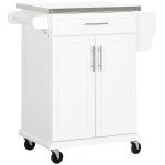 Kitchen Island with Stainless Steel Top, Rolling Kitchen Cart on Wheels with Storage Drawer, Cabinet, Towel Rack and Spice Rack (White)