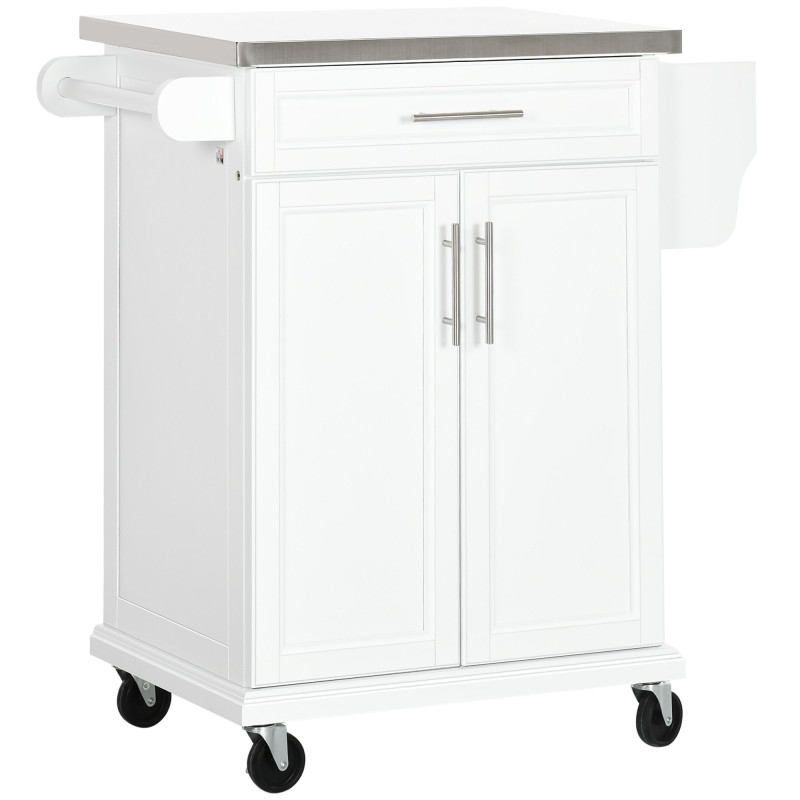 Kitchen Island with Stainless Steel Top, Rolling Kitchen Cart on Wheels with Storage Drawer, Cabinet, Towel Rack and Spice Rack (White)