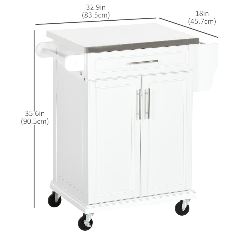Kitchen Island with Stainless Steel Top, Rolling Kitchen Cart on Wheels with Storage Drawer, Cabinet, Towel Rack and Spice Rack (White)