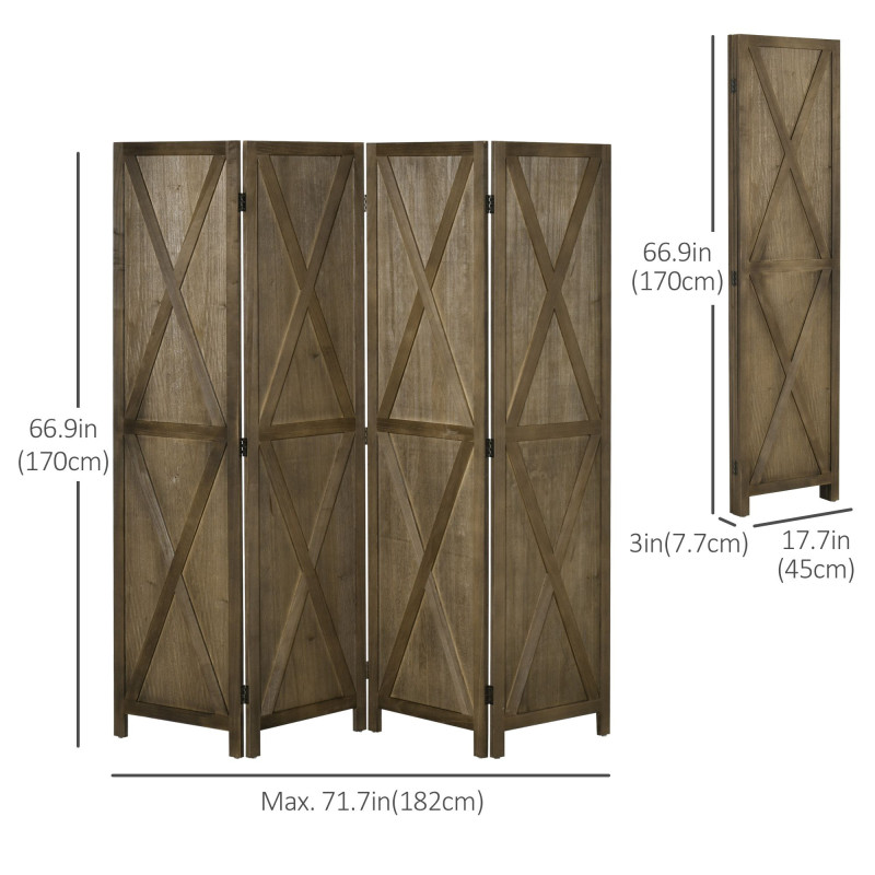 4-panel Wall Partition Farmhouse Room Separator with Foldable Design Wooden Frame 5.6FT, Brown