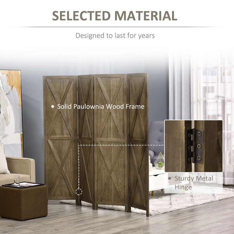 4-panel Wall Partition Farmhouse Room Separator with Foldable Design Wooden Frame 5.6FT, Brown