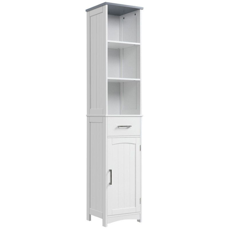Tall Bathroom Storage Cabinet, Slim Bathroom Cabinet with 3 Tier Shelf, Drawer, Door, Freestanding Linen Tower, White