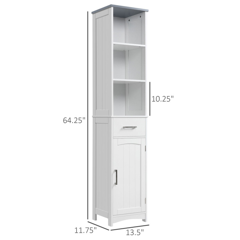 Tall Bathroom Storage Cabinet, Slim Bathroom Cabinet with 3 Tier Shelf, Drawer, Door, Freestanding Linen Tower, White