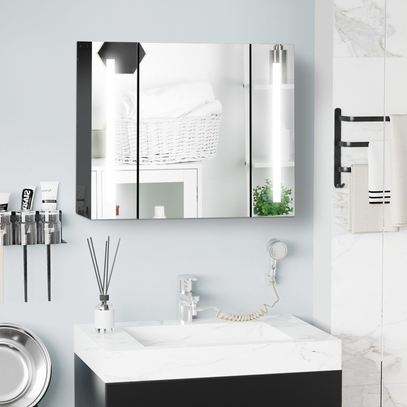 LED Medicine Cabinet with Mirror, Wall Mounted Bathroom Mirror Cabinet with Adjustable Shelves, High Gloss Black