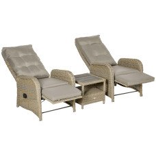 3 Pieces Patio Wicker Bistro Set, PE Rattan Coffee Table & Adjustable Recline Chairs Furniture Set with Cushions and Wood Grain Plastic Top, Khaki
