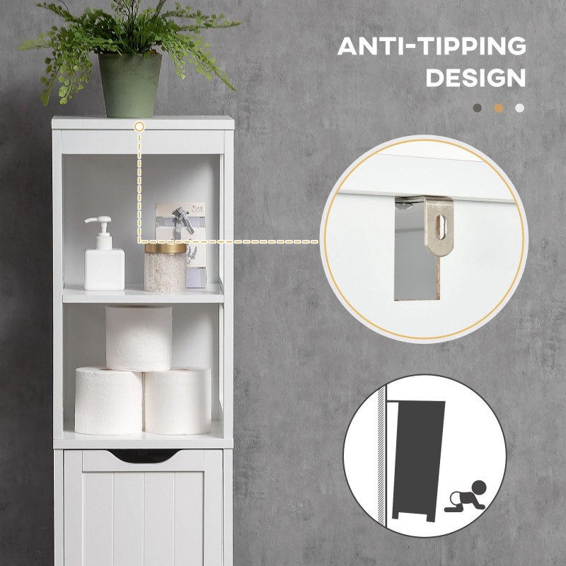 Narrow Bathroom Cabinet with 3 Drawers and 2 Tier Shelf, Tall Cupboard Freestanding Linen Tower, White