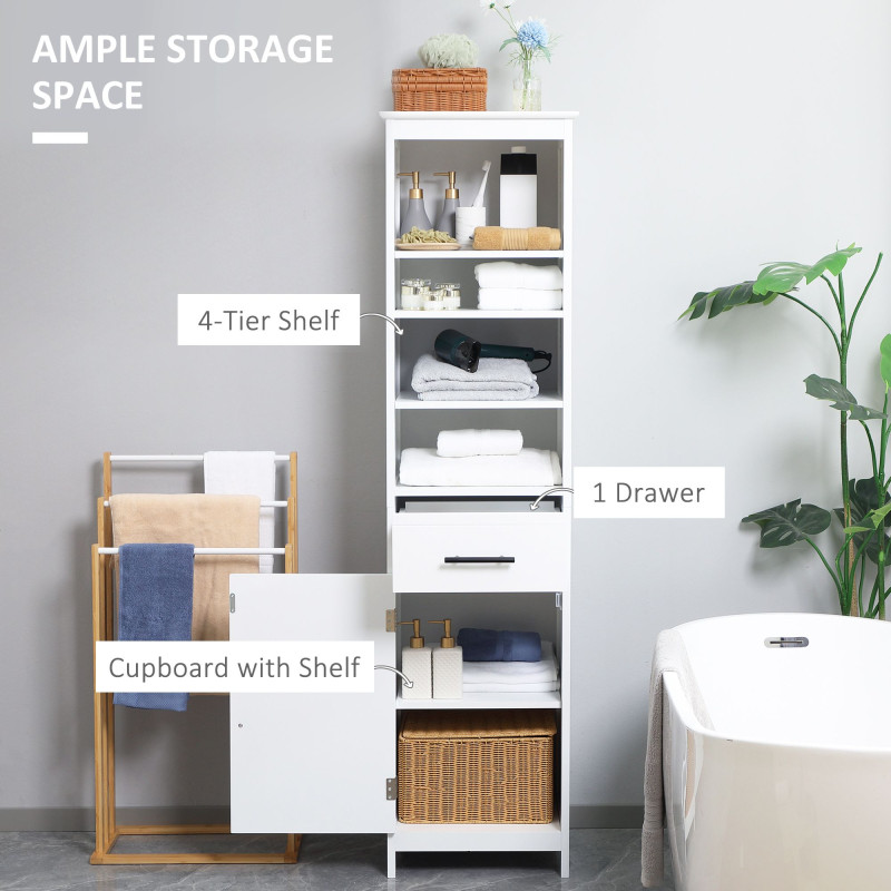 Tall Bathroom Storage Cabinet, Free Standing Bathroom Cabinet Slim Side Organizer w/ 3-Tier Open Shelf, Door, and Drawer, White