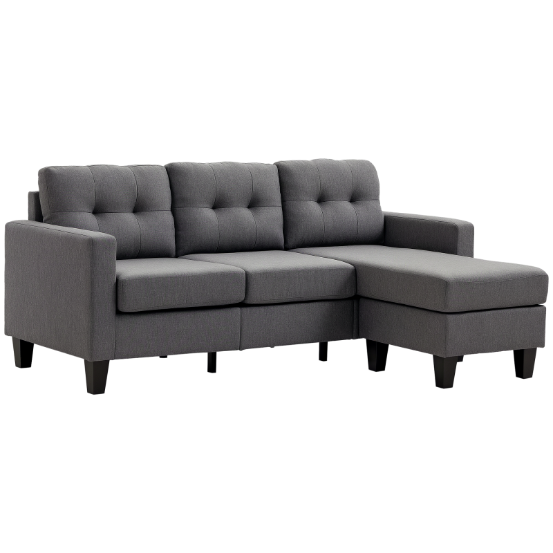 L-shaped Sofa, 3 Seater Couch with Ottoman, Corner Sofa with Thick Padded Cushion and Wood Legs, Dark Grey