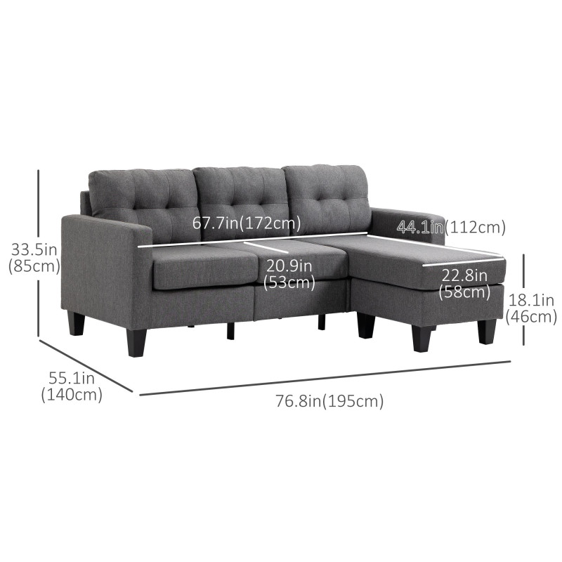 L-shaped Sofa, 3 Seater Couch with Ottoman, Corner Sofa with Thick Padded Cushion and Wood Legs, Dark Grey