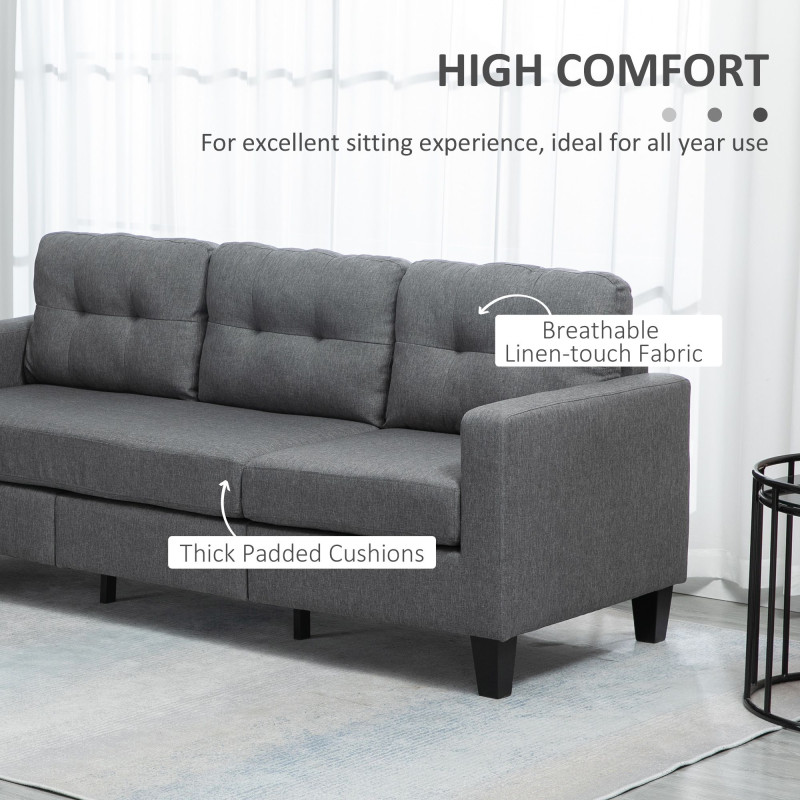 L-shaped Sofa, 3 Seater Couch with Ottoman, Corner Sofa with Thick Padded Cushion and Wood Legs, Dark Grey