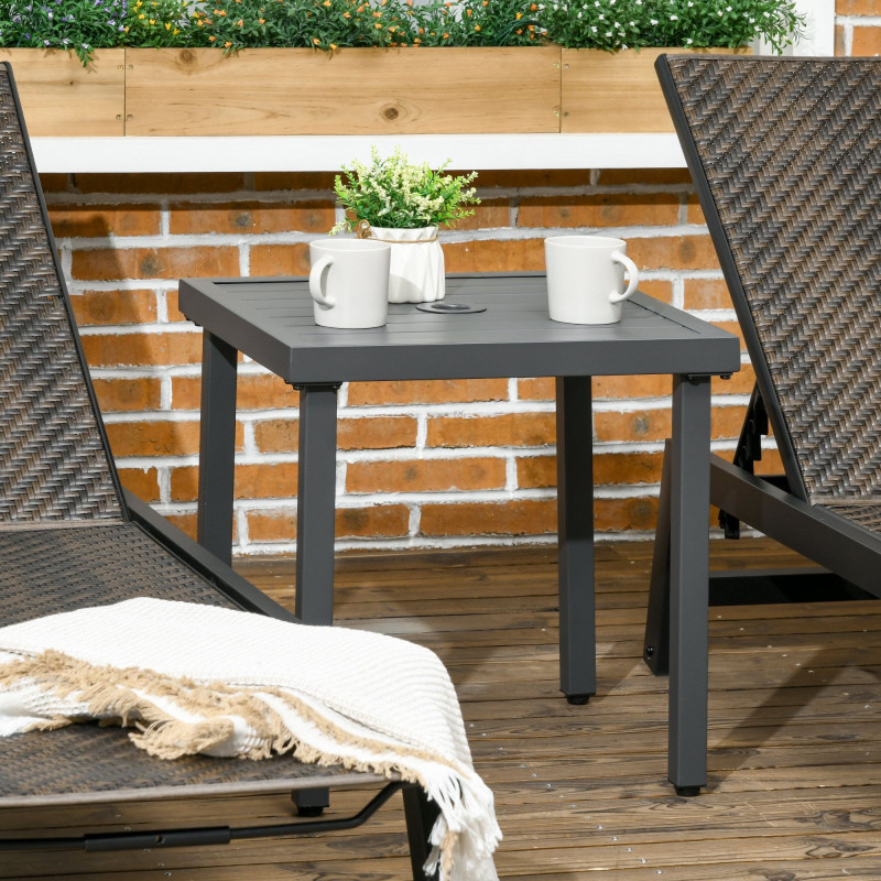 Outdoor Side Table, Patio End Table with Umbrella Hole, Small Coffee Table with Steel Frame for Balcony, Gray