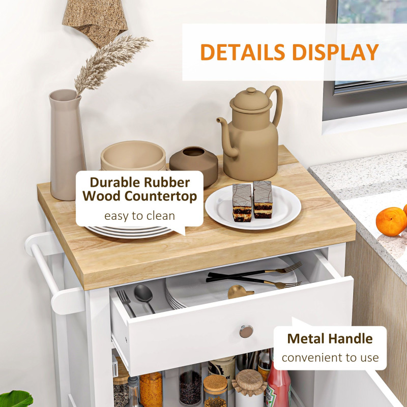 Kitchen Cart on Wheels, Rolling Kitchen Island Cart with Wood Top, Towel Rack, Drawer and Shelf for Dining Area, White