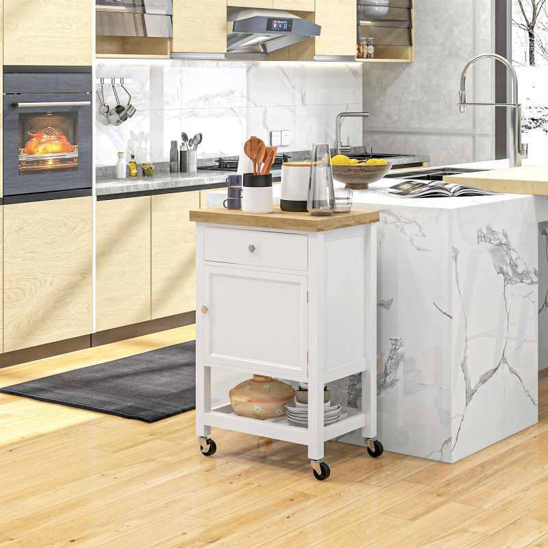 Kitchen Cart on Wheels, Rolling Kitchen Island Cart with Wood Top, Towel Rack, Drawer and Shelf for Dining Area, White