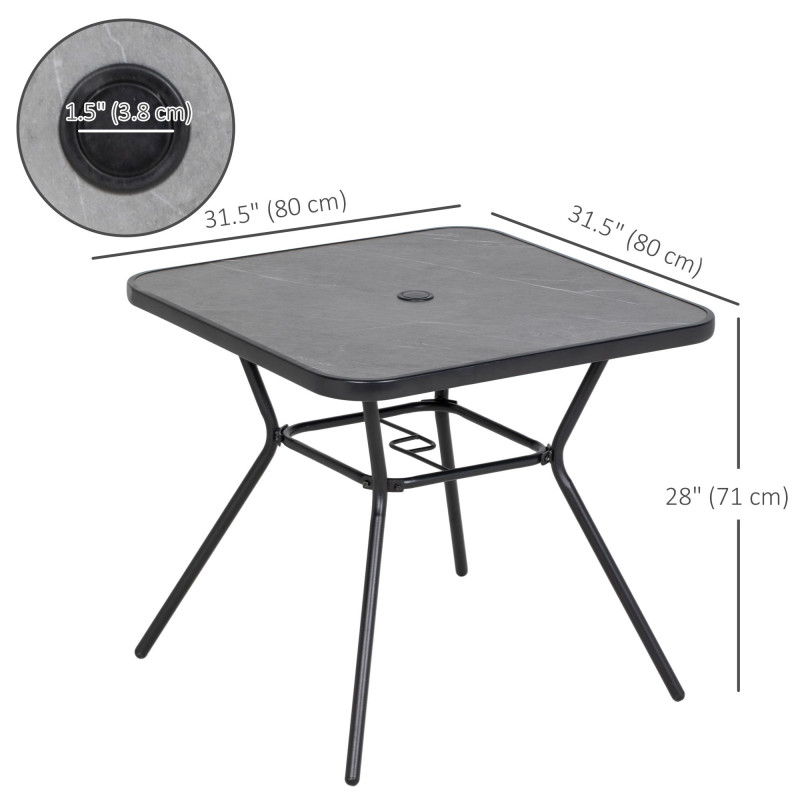 Square Outdoor Table, Patio Bistro Coffee Table with Faux-marbled Top and 42mm Umbrella Hole for Garden, Dark Grey