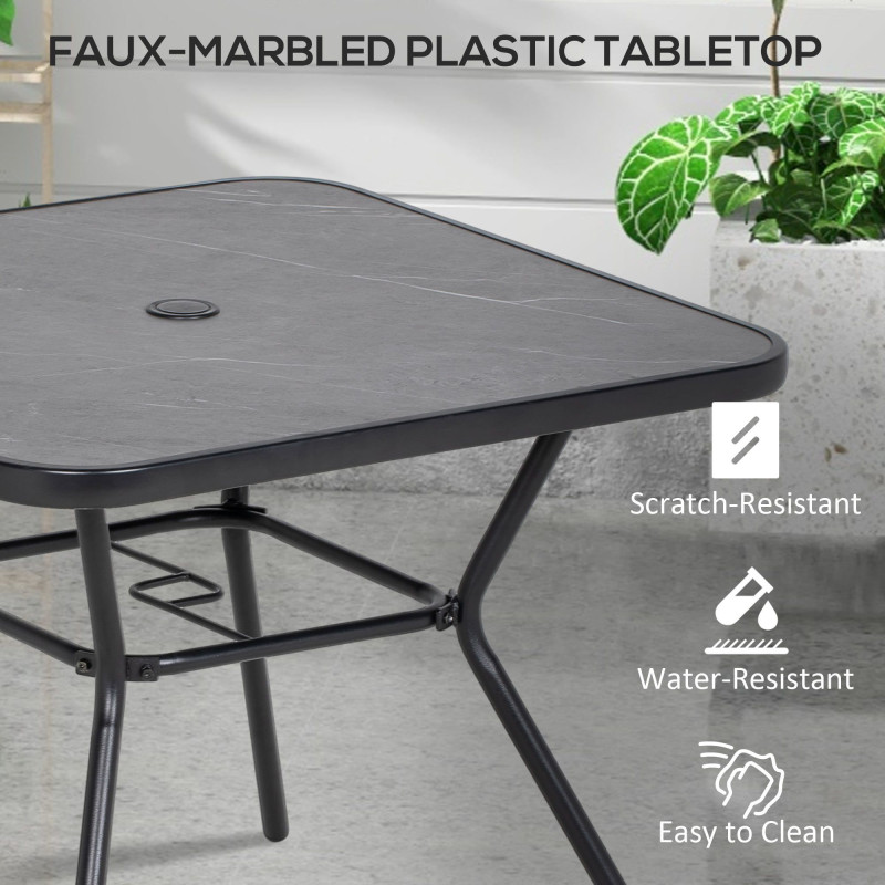 Square Outdoor Table, Patio Bistro Coffee Table with Faux-marbled Top and 42mm Umbrella Hole for Garden, Dark Grey