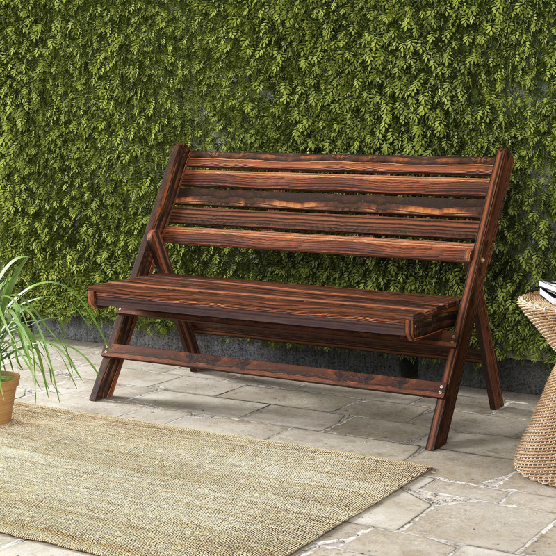 2-Seater Wooden Outdoor Bench, Foldable Garden Bench with Slatted Backrest and Seat, Patio Loveseat, Carbonised Finish