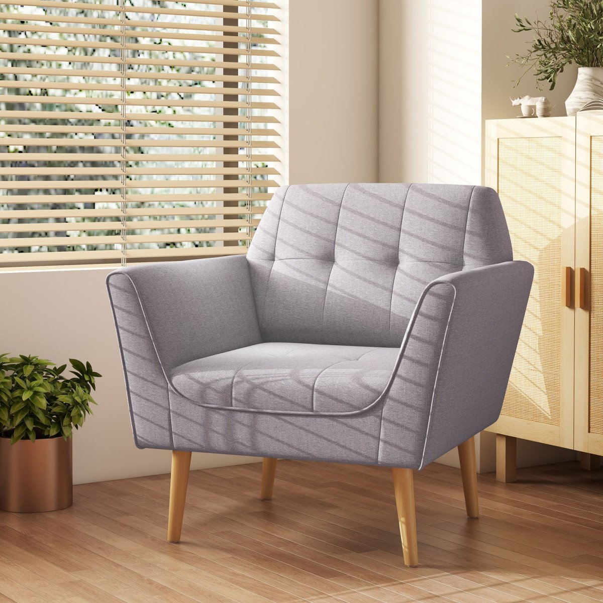 Upholstered Armchair, Modern Accent Chair with Tufted Pattern, Rubber Wood Legs for Living Room, Bedroom, Grey
