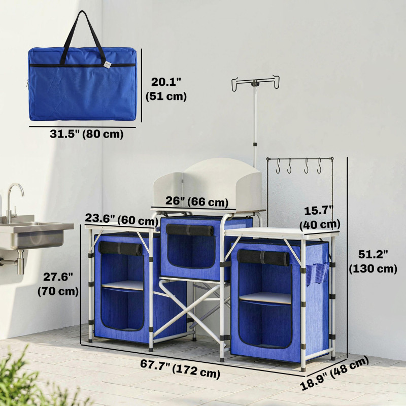 Aluminum Camping Kitchen, Portable Folding Camping Table with Fabric Cupboards, Windshield, Bag for BBQ, Picnic, Blue