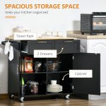 Rolling Kitchen Island, Kitchen Cart on Wheels with 2 Storage Drawers, 2 Door Cabinets and Towel Rack for Dining Room (Black, 2-Doors)