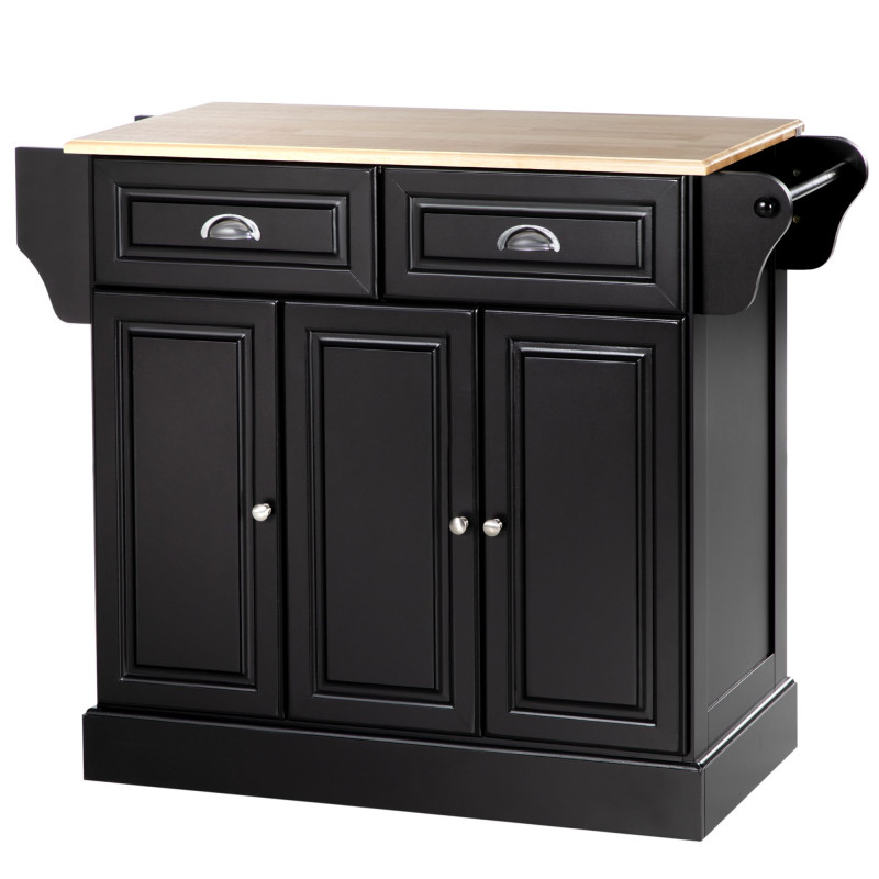 Kitchen Island with Storage Rolling Kitchen Serving Cart with Rubber Wood Top Towel Rack Storage Drawer Cabinet, Black