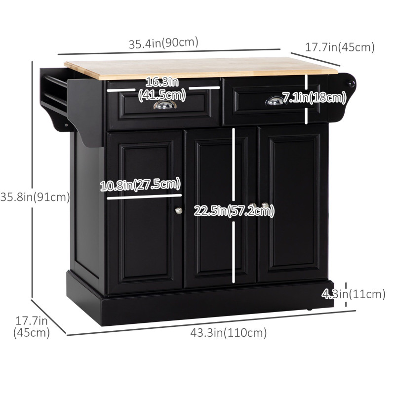 Kitchen Island with Storage Rolling Kitchen Serving Cart with Rubber Wood Top Towel Rack Storage Drawer Cabinet, Black