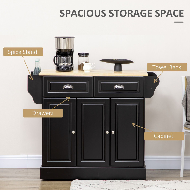 Kitchen Island with Storage Rolling Kitchen Serving Cart with Rubber Wood Top Towel Rack Storage Drawer Cabinet, Black