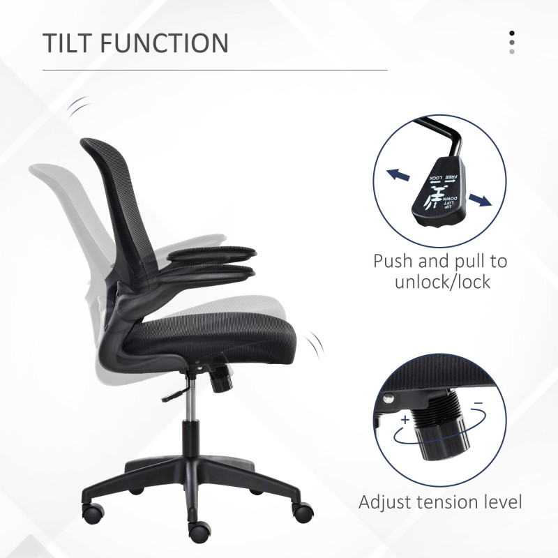 Mesh Office Chair, Swivel Desk Chair with Lumbar Back Support, Adjustable Height, Flip-Up Arm, Black