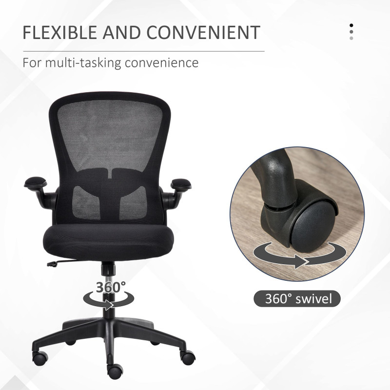 Mesh Office Chair, Swivel Desk Chair with Lumbar Back Support, Adjustable Height, Flip-Up Arm, Black