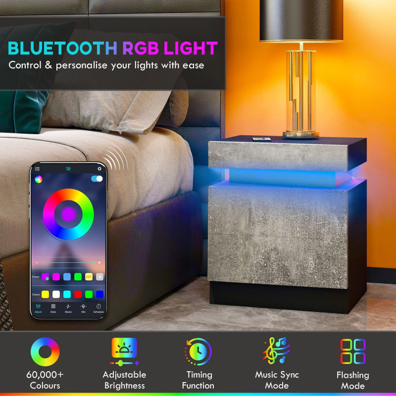 Nightstand, Bedside Table with LED Lights and 2 Drawers for Bedroom, Living Room, Cement Grey