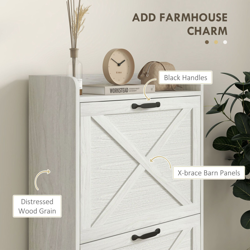 Slim Shoe Storage Cabinet, Farmhouse Shoe Cabinet with 2 Flip Drawers, Adjustable Shelves for 8 Pairs, Distressed White