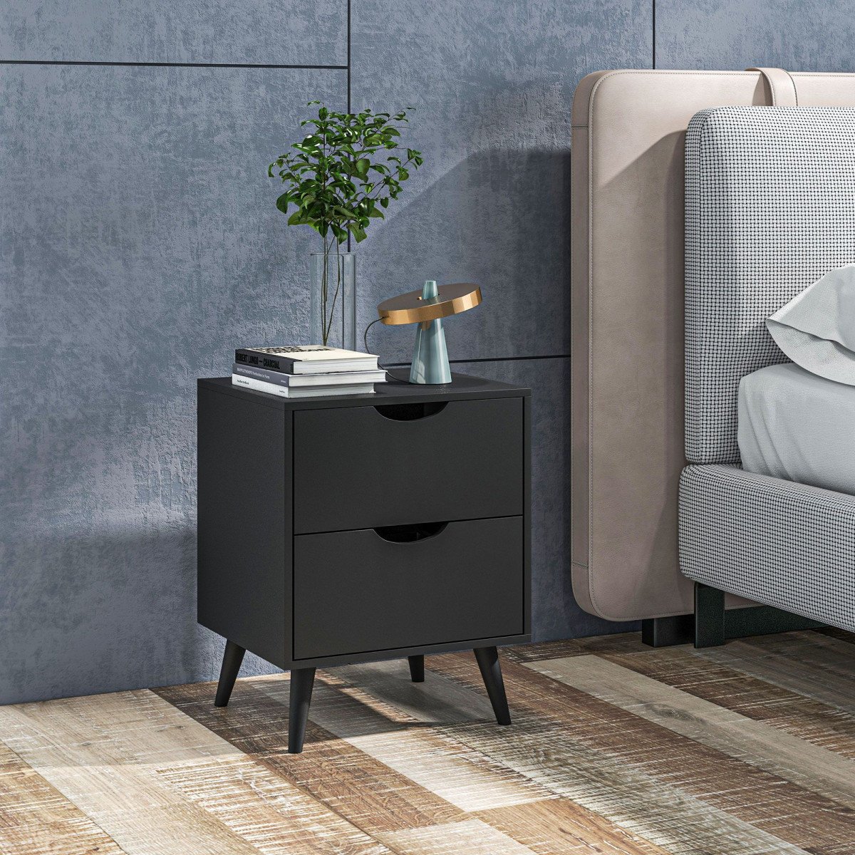 Modern Bedside Table, Nightstand with 2 Drawers and Pine Wood Legs for Bedroom, Living Room, Black