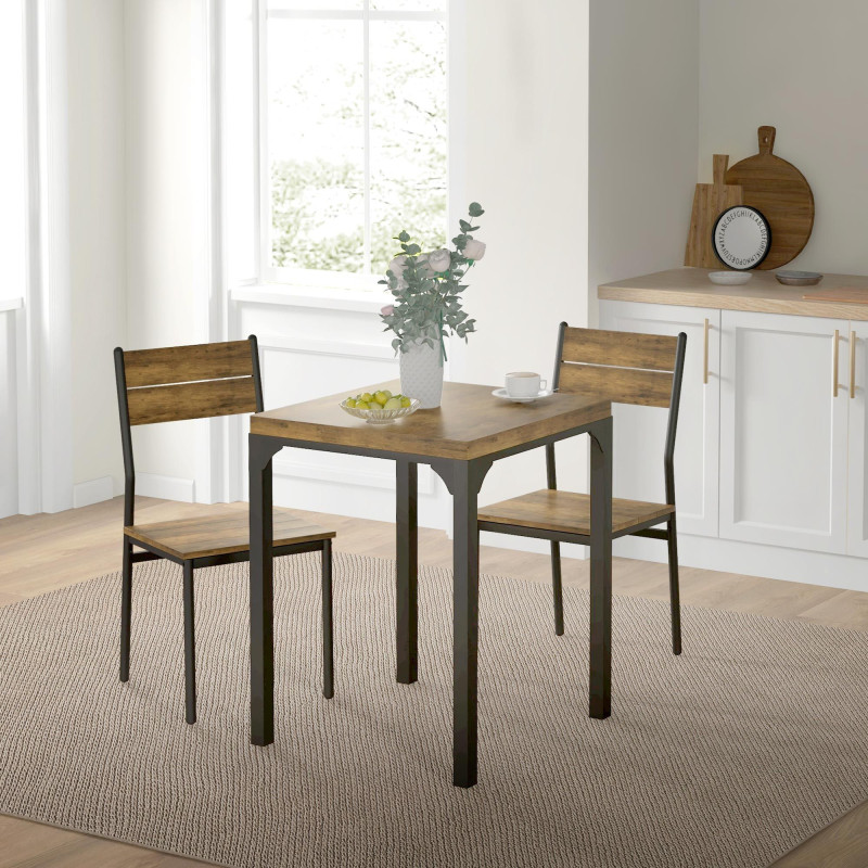 Dining Table Set for 2, 3 Piece Kitchen Table and Chairs with Metal Legs for Small Spaces, Rustic Brown