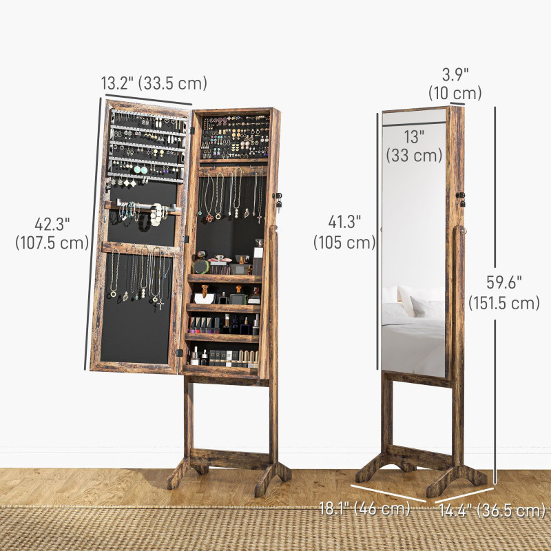 Lockable Mirror Jewelry Cabinet, Full-Length Mirror and Jewellery Storage with 3 Adjustable Angles, Rustic Brown